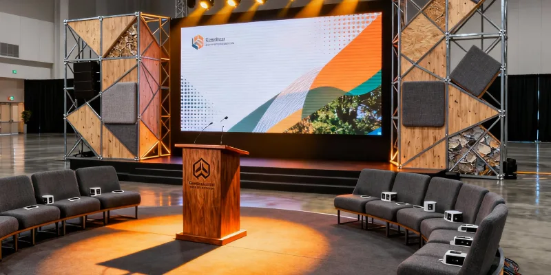 Modern conference stage featuring sustainable modular structures, dynamic LED screens, warm lighting on podium with branding, and reusable elements in a professional venue